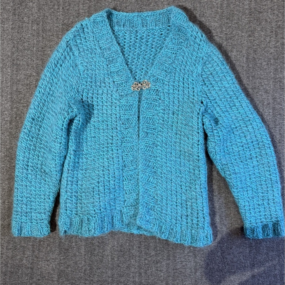 Women's Handmade Crocheted Aqua Mohair Like Cardigan Sweater SZ L W/Silver Clasp